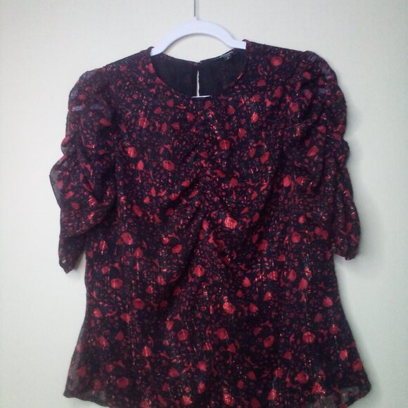 Express Blouse Shirt Women S 1/2 Gathered Sleeves Lined Pattern Red Black - Picture 2 of 15